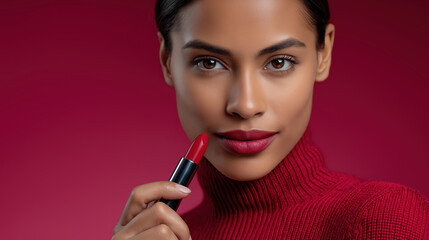 Obraz premium Woman applies red lipstick in a studio with a pink background