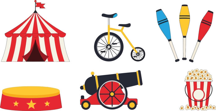 Flat vector set of 6 circus items big top tent unicycle juggling clubs cannon podium and popcorn