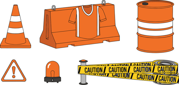 Flat vector set of 6 road construction barriers traffic cone jersey barrier drum barrel warning light and caution tape
