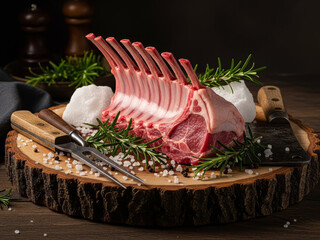 Raw rack of lamb with rosemary and spices on rustic wooden board