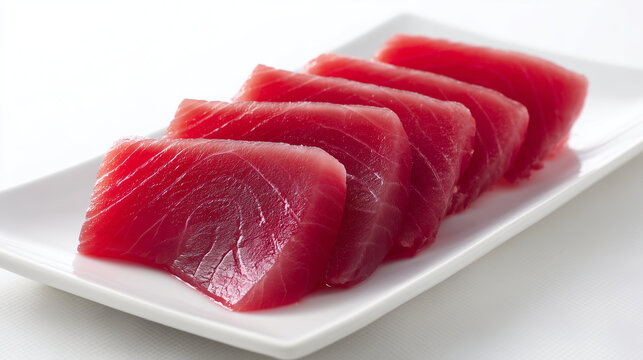 Fresh Red Tuna Sashimi Slices Served on a Rectangular White Plate