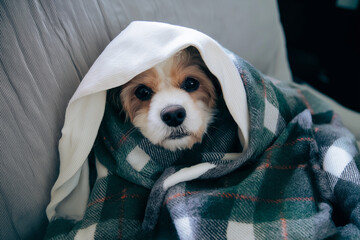 Dog Wrapped in Blanket Looking at Camera