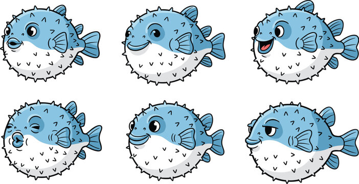 Collection of six adorable blue pufferfish cartoon characters with different expressions isolated on white background happy, sad, angry and surprised fish