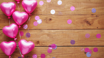 Heart-shaped pink balloons with confetti on wooden background  