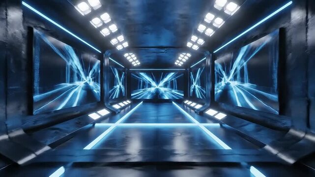 Futuristic SciFi Tunnel with Blue Neon Lights and Reflective Surfaces Modern Spaceship Interior.