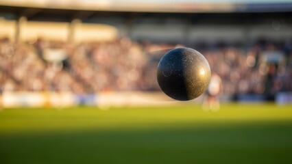 Suspended dark sphere in motion above a vibrant green sports field with a blurred audience