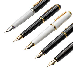 Sleek and elegant fountain pens, crafted from polished resin and adorned with gleaming gold accents, are arranged in a dynamic diagonal composition against a ,, isolated on transparent background.