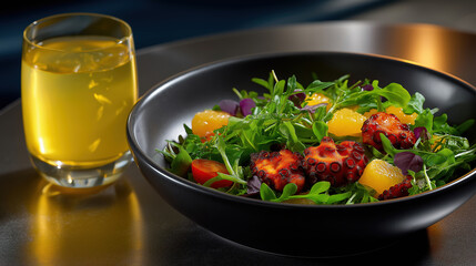 Fresh salad with octopus and drink served on a table