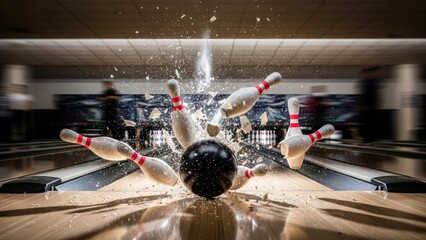 Intense bowling ball strike shattering pins into fragments on a polished alley lane