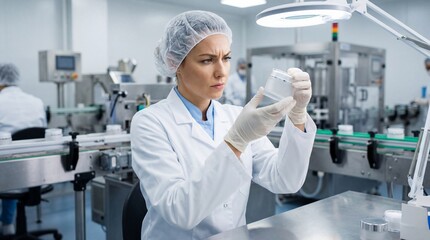 Worker inspecting cosmetic packaging in laboratory with equipment  