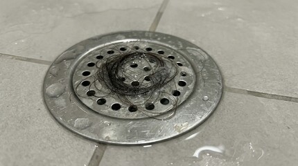 Clogged shower drain with hair on tiled bathroom floor  