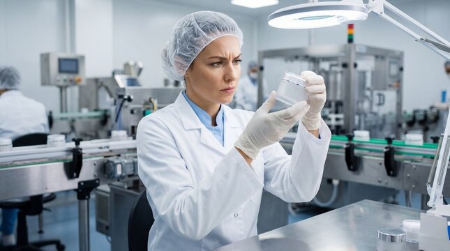 Worker inspecting cosmetic packaging in laboratory with equipment   - Powered by Adobe