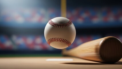 Dynamic shot of a baseball mid-air with a wooden bat on a field under stadium lights