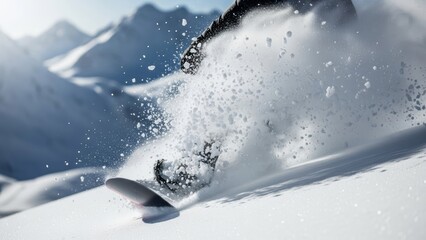 Dynamic snowboarder carving pristine powder on a majestic alpine slope creating an exhilarating