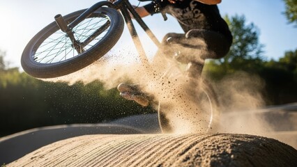 Dynamic moment of a BMX rider executing a challenging jump on a sun-drenched dirt track kicking up