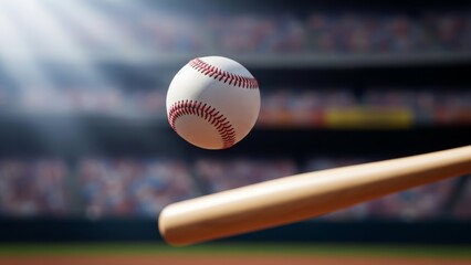Dynamic baseball shot with a bat and stadium lights during an exciting game day