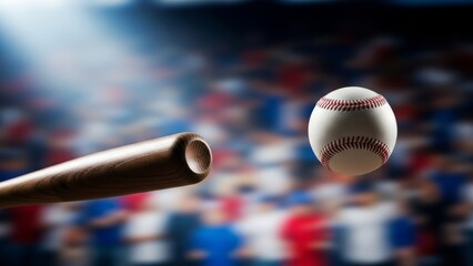 Intense stadium action featuring a wooden baseball bat connecting with a speeding white ball