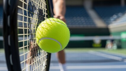 Close-up of a tennis ball impacting racket strings during an intense match on an outdoor court