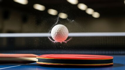 Intense collision between a dimpled sphere and a vibrant red table tennis racket, creating a