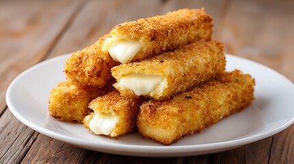 Close-up of golden-brown fried sticks with melted white interior, served on a white plate
