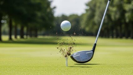 Moment of impact: golf ball soaring after powerful swing, turf flying from a pristine green course