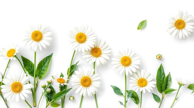 White Daisy Flower Border on Clean White Background | Chamomile Bottom Floral Edge