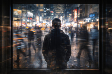 Metaphorical image of a person emotionally disconnected from life, standing still while the world moves around them. Symbol of inner detachment, passivity, and the feeling of being separated from