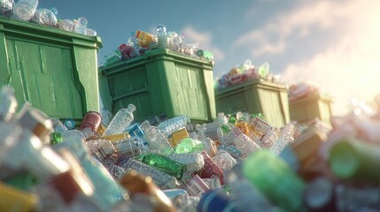 Full recycling bins overflowing with plastic bottles aluminum cans