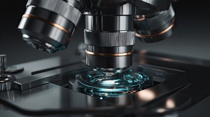 Modern microscope researching scientific data in a laboratory