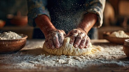 Baker hands kneading dough, flour flying, artisan bread making