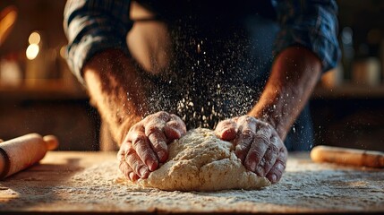 Baker hands kneading dough, flour flying, artisan bread making