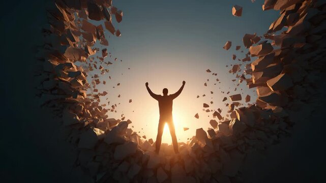 Silhouette of Person Breaking Through Wall with Arms Raised in Victory Video Motion