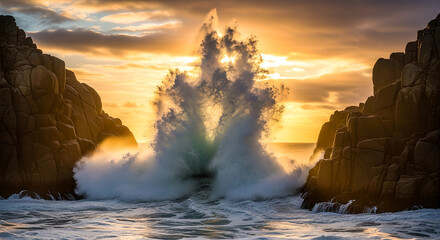 Ocean Wave Crashing Against Rocks Golden Sky Sunset
