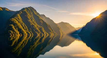 Golden Sunset Over Mountains Water Reflection Landscape
