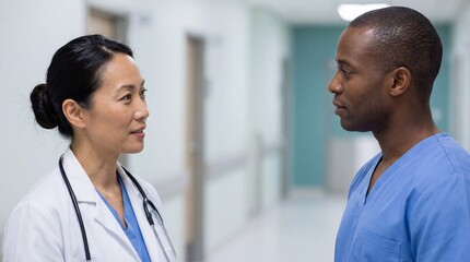 Diverse medical team of an Asian female doctor and a Black male nurse having a professional discussion in a modern hospital corridor.