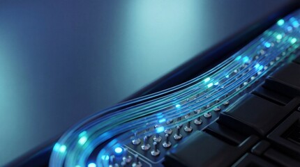 Abstract technology background of a futuristic computer circuit board with glowing blue fiber optic cables for connectivity concept.