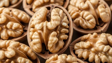 Fresh Shelled Walnut Halves Background for Healthy Snack and Nutrition Concept