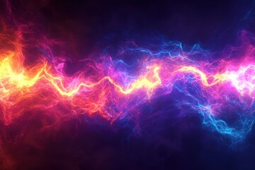Colorful electric waves of blue, pink, and orange light illuminating a dark background