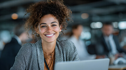 Smiling young African American businesswoman working on a laptop at her desk in a bright modern office with colleagues in the background, no logos, no brands
