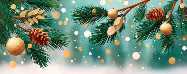 Close-up of green pine branches with gold and pink ornaments for festive Christmas decor