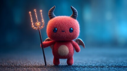 A fluffy, red cartoon devil character with horns, wings, and a glowing trident, smiling cutely