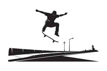 Naklejka premium Silhouette of a skateboarder performing a trick in an urban environment