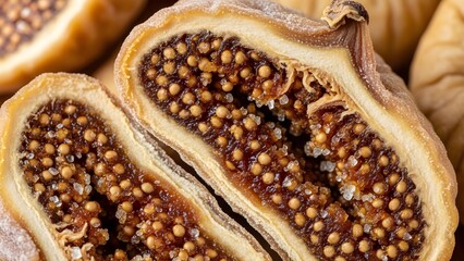 Macro Cross-Section of a Dried Fig Showing Seeds and Sugary Texture