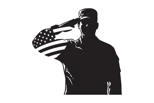 Silhouette of a saluting soldier with an american flag incorporated into the salute - Powered by Adobe