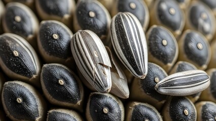 Close Up of Striped and Black Sunflower Seeds Illustration, Macro View of Raw Edible Seeds for Snack and Agricultural Industry