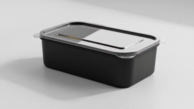 Rotating black food container with clear lid on a white background showcasing product design
