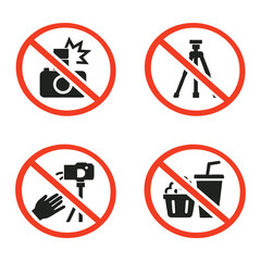 No Photography and No Tripod Icons Set &ndash; Prohibition Camera, Video and Food Signs