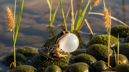 Frog's Serenade: A close-up of a frog with a puffed-out vocal sac, positioned within its natural wetland environment. This image captures the beauty and charm of nature.