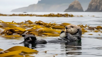 Playful Otter in Sea: A captivating shot of a sea otter peacefully floating amidst a serene sea, enjoying a delightful moment. The otter, with its playful demeanor.