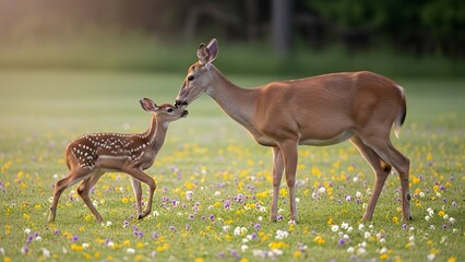 Deer Affection: A touching moment captured as a doe and her fawn share a tender embrace amidst a vibrant wildflower meadow, representing the purity of nature's bonds.